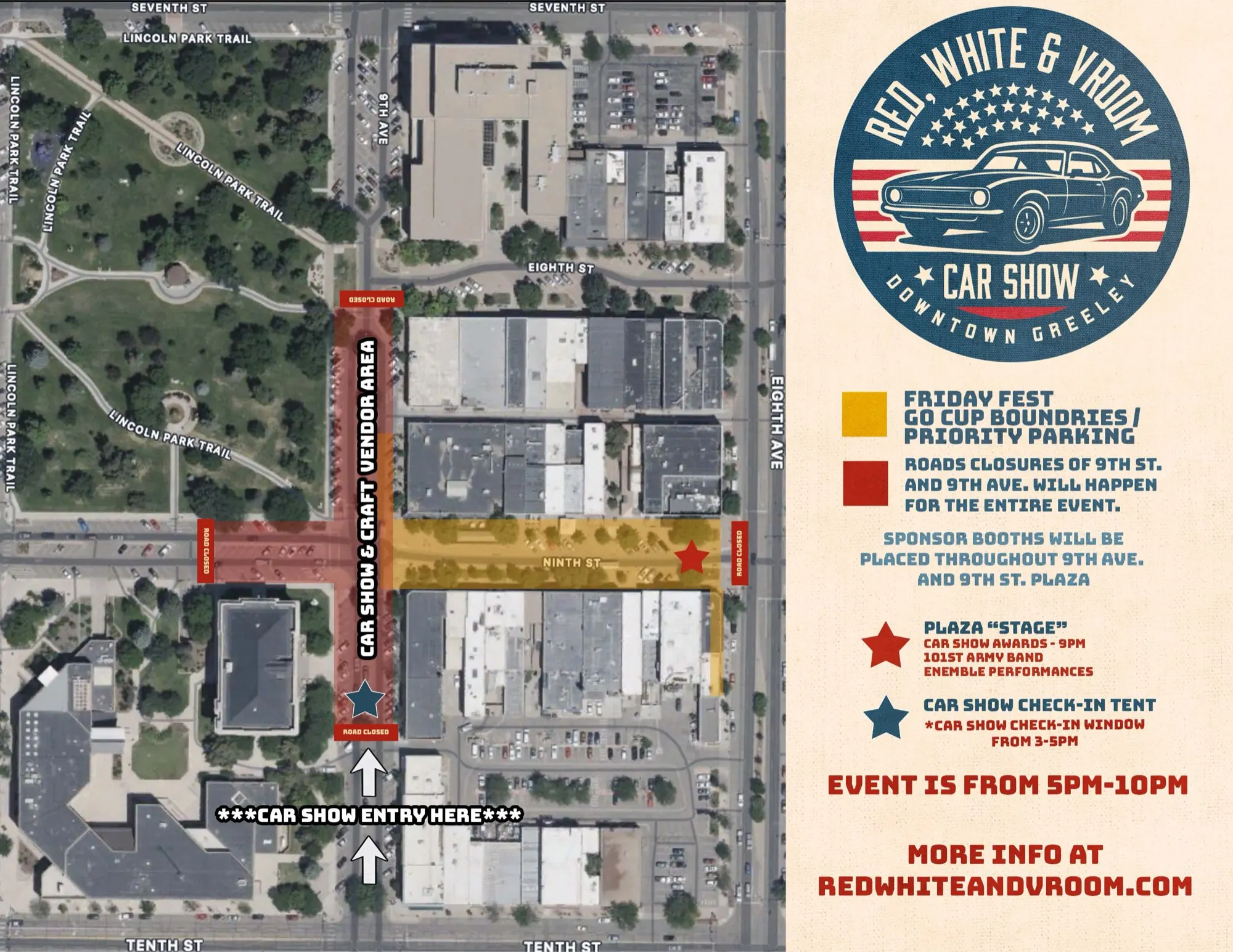 Red, White & Vroom event map: Downtown Greeley road closures, car show and vendor area, plaza stage, and check-in tent